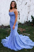Mermaid Backless Blue Lace Long Prom Dresses Formal Dresses PSK424 by pgmdress