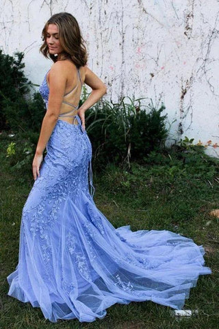 Meerjungfrau Rückenfreies Blaues Spitzen Langes Ballkleid Abendkleider PSK424