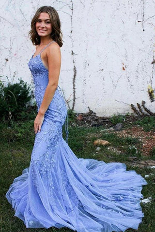 Meerjungfrau Rückenfreies Blaues Spitzen Langes Ballkleid Abendkleider PSK424