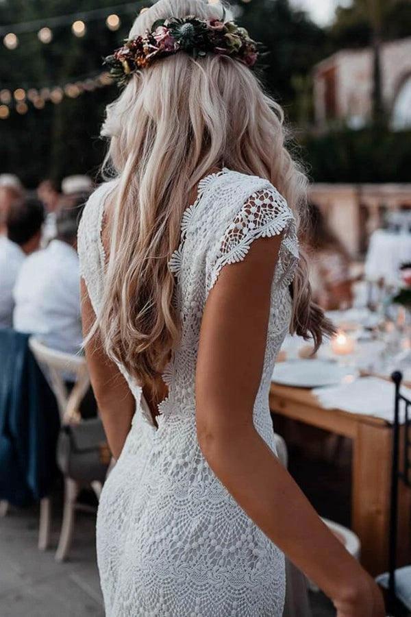 Mermaid Backless Lace Boho Cap Sleeve Bohemian Wedding Dress WD435 by pgmdress