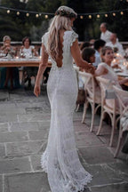 Mermaid Backless Lace Boho Cap Sleeve Bohemian Wedding Dress WD435 by pgmdress