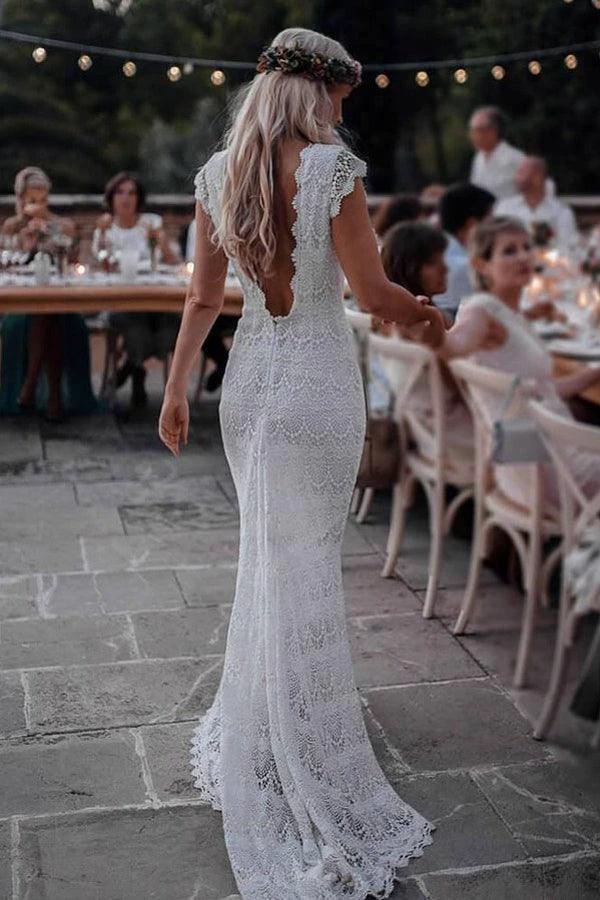 Mermaid Backless Lace Boho Cap Sleeve Bohemian Wedding Dress WD435 by pgmdress