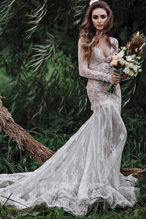 Mermaid Backless Long sleeves Lace Bohemian Wedding Dresses WD733 by pgmdress