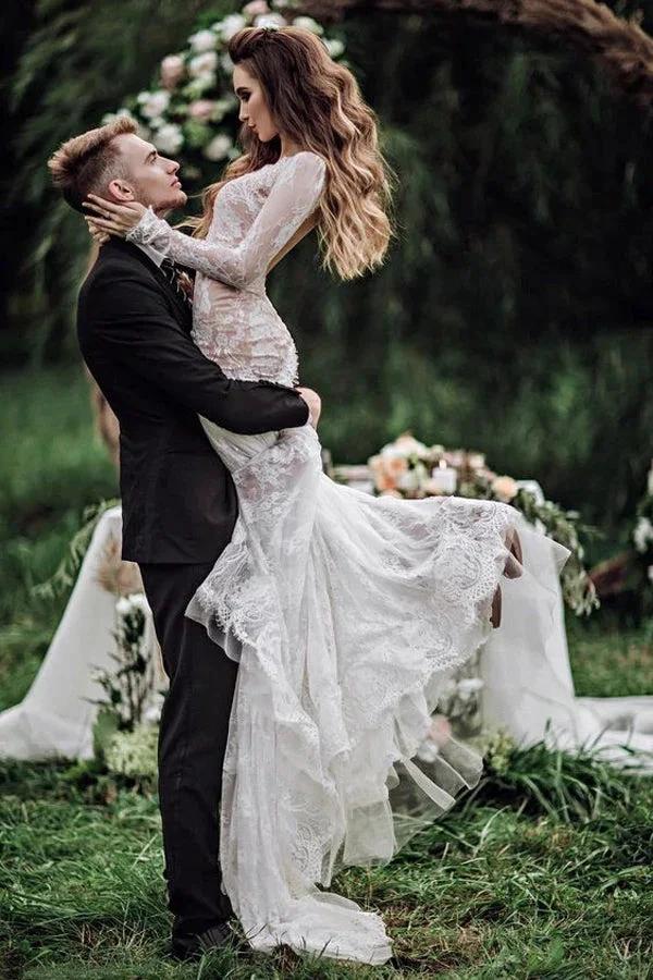Mermaid Backless Long sleeves Lace Bohemian Wedding Dresses WD733 by pgmdress