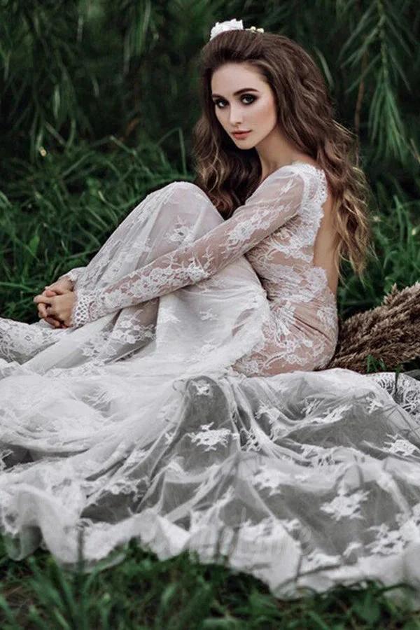 Mermaid Backless Long sleeves Lace Bohemian Wedding Dresses WD733 by pgmdress