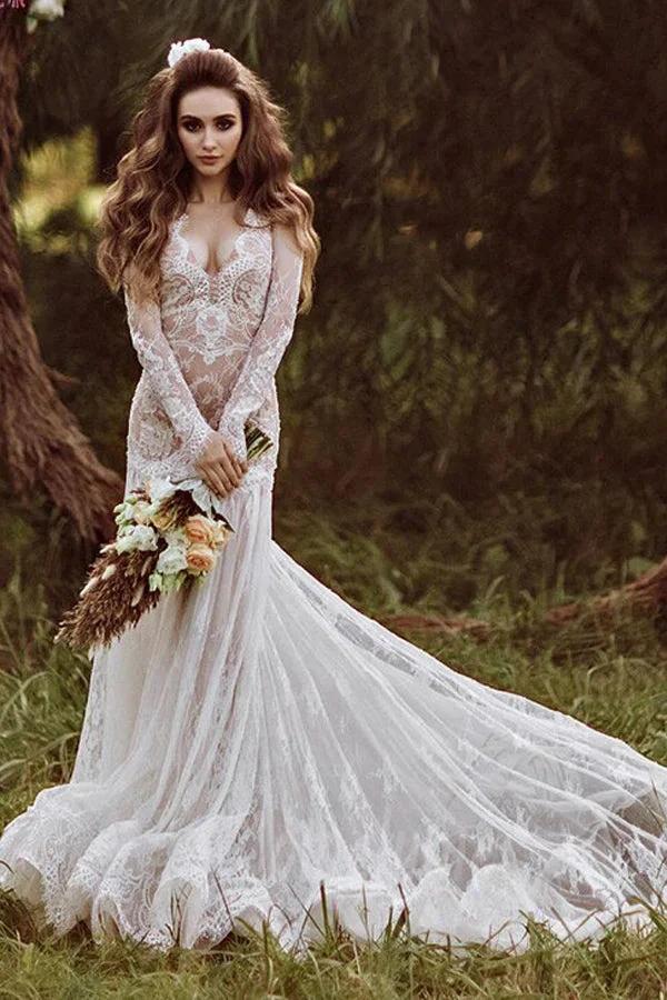 Mermaid Backless Long sleeves Lace Bohemian Wedding Dresses WD733 by pgmdress