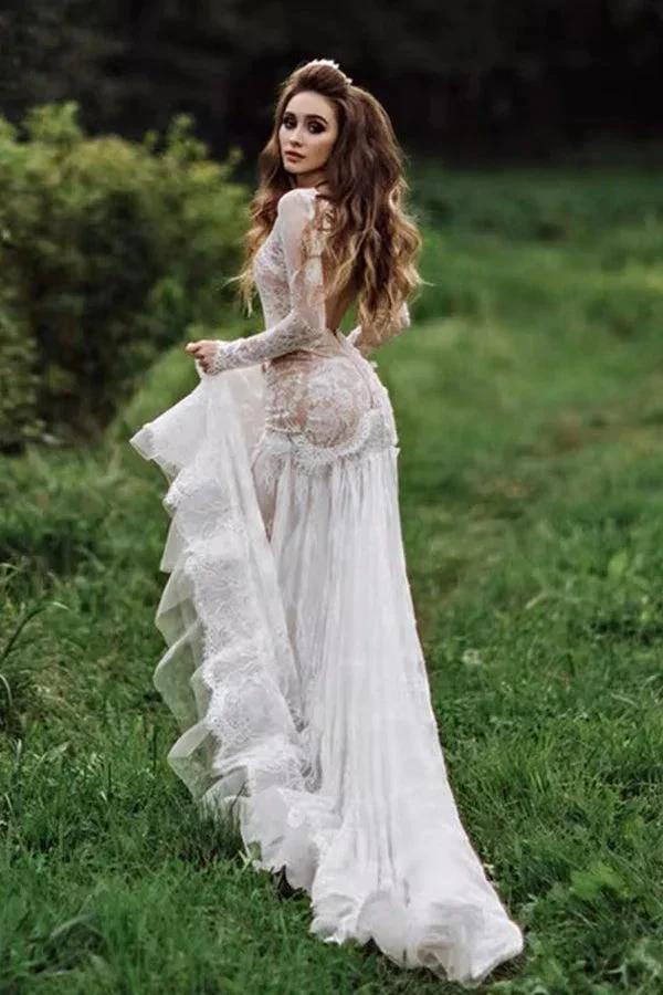 Mermaid Backless Long sleeves Lace Bohemian Wedding Dresses WD733 by pgmdress