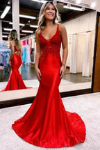 Mermaid Deep V Neck Satin Navy Blue Prom Dress with Appliques PSK557 by pgmdress