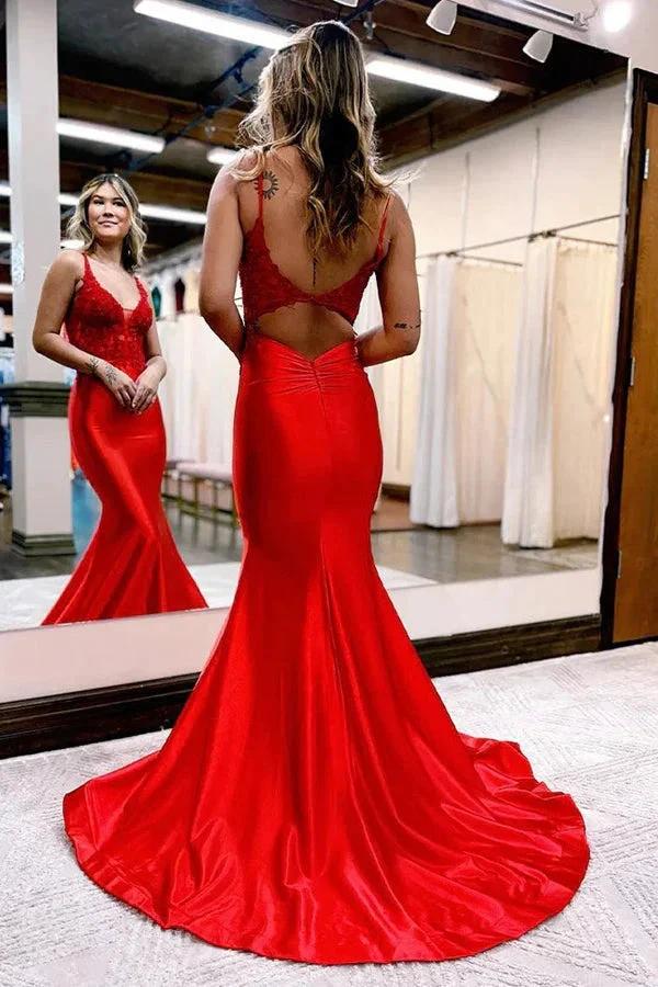 Mermaid Deep V Neck Satin Navy Blue Prom Dress with Appliques PSK557 by pgmdress