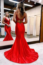 Mermaid Deep V Neck Satin Navy Blue Prom Dress with Appliques PSK557 by pgmdress