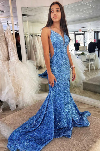 Vestido de fiesta de sirena con espalda descubierta, lentejuelas y abertura SYP142