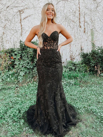 Evie | Vestido de fiesta largo de encaje con escote corazón y apliques de sirena