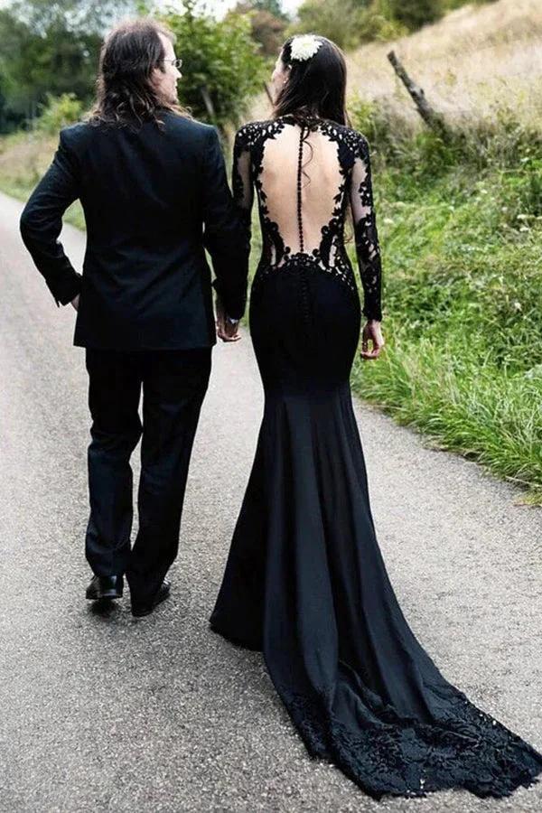 Mermaid Floral Black Wedding Dress Long Sleeve Wedding Gown WD742 by pgmdress