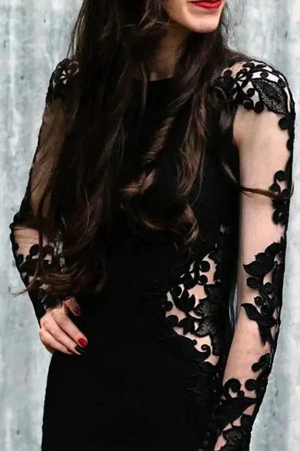 Mermaid Floral Black Wedding Dress Long Sleeve Wedding Gown WD742 by pgmdress