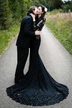 Mermaid Floral Black Wedding Dress Long Sleeve Wedding Gown WD742 by pgmdress