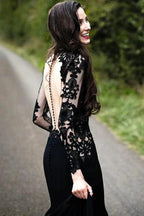 Mermaid Floral Black Wedding Dress Long Sleeve Wedding Gown WD742 by pgmdress