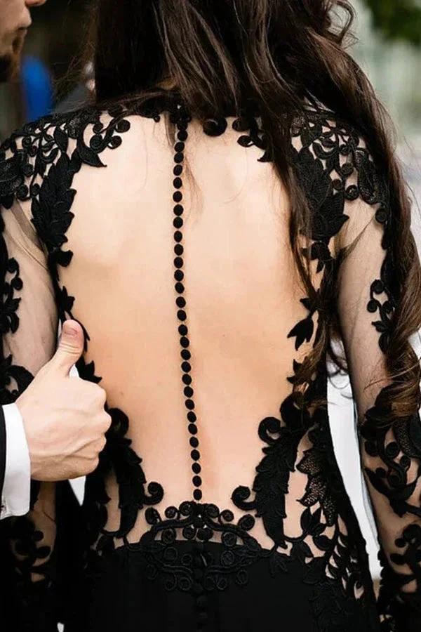 Mermaid Floral Black Wedding Dress Long Sleeve Wedding Gown WD742 by pgmdress