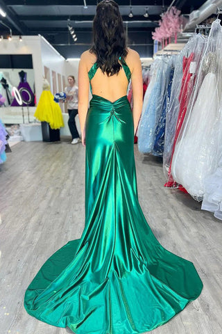 Vestido de fiesta largo de satén verde oscuro con escote halter y cuentas (PSK601)
