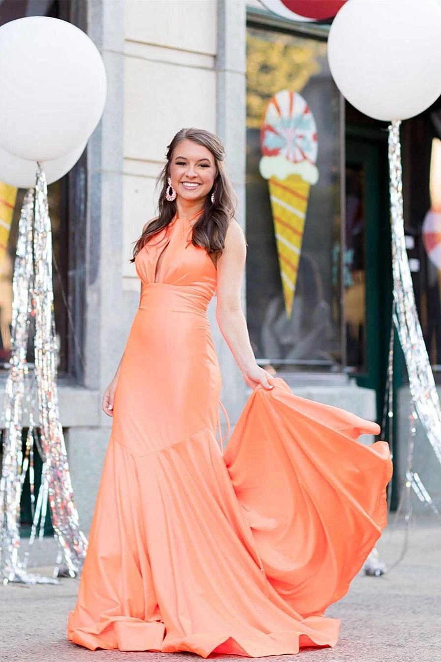 Mermaid Halter Orange Long Prom Dress SYP153 by vivymakudress