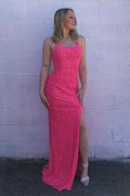 Mermaid Hot Pink Sequined Pom Dress with Slit SYP92 by vivymakudress