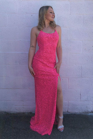 Vestido sirena rosa intenso con lentejuelas y pompones y abertura SYP92