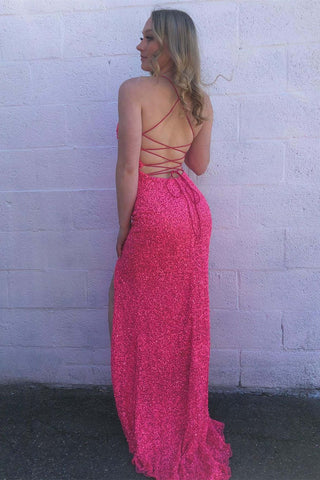 Vestido sirena rosa intenso con lentejuelas y pompones y abertura SYP92