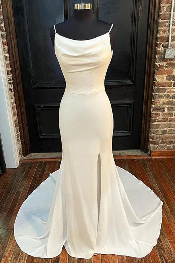 Mermaid Ivory Cowl Neck Backless Long Wedding Dress with Slit WD627 by pgmdress
