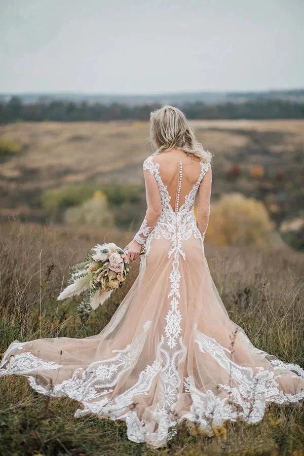 Mermaid Long Sleeves Bohemian Wedding Dresses With Appliques WD696 by pgmdress