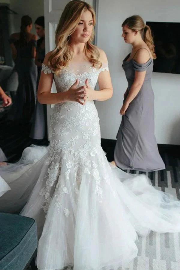 Mermaid Off-the-Shoulder Court Train Tulle Wedding Dress with Appliques WD097 by pgmdress