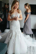 Mermaid Off-the-Shoulder Court Train Tulle Wedding Dress with Appliques WD097 by pgmdress