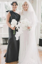 Mermaid One-Shoulder Bow Strap Black Bridesmaid Dress BD125 by pgmdress