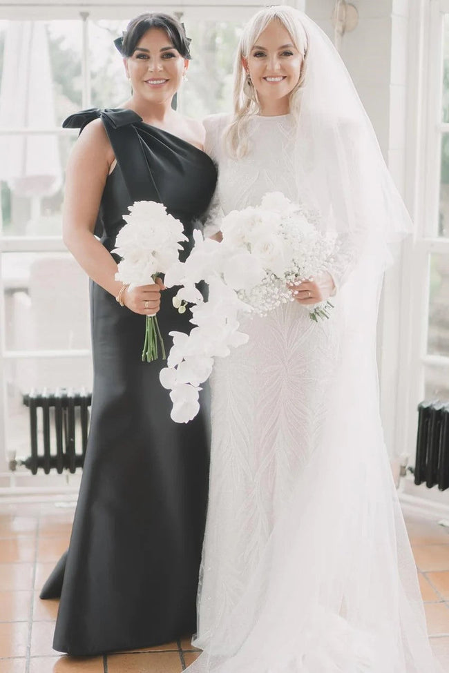 Mermaid One-Shoulder Bow Strap Black Bridesmaid Dress BD125 Main Image