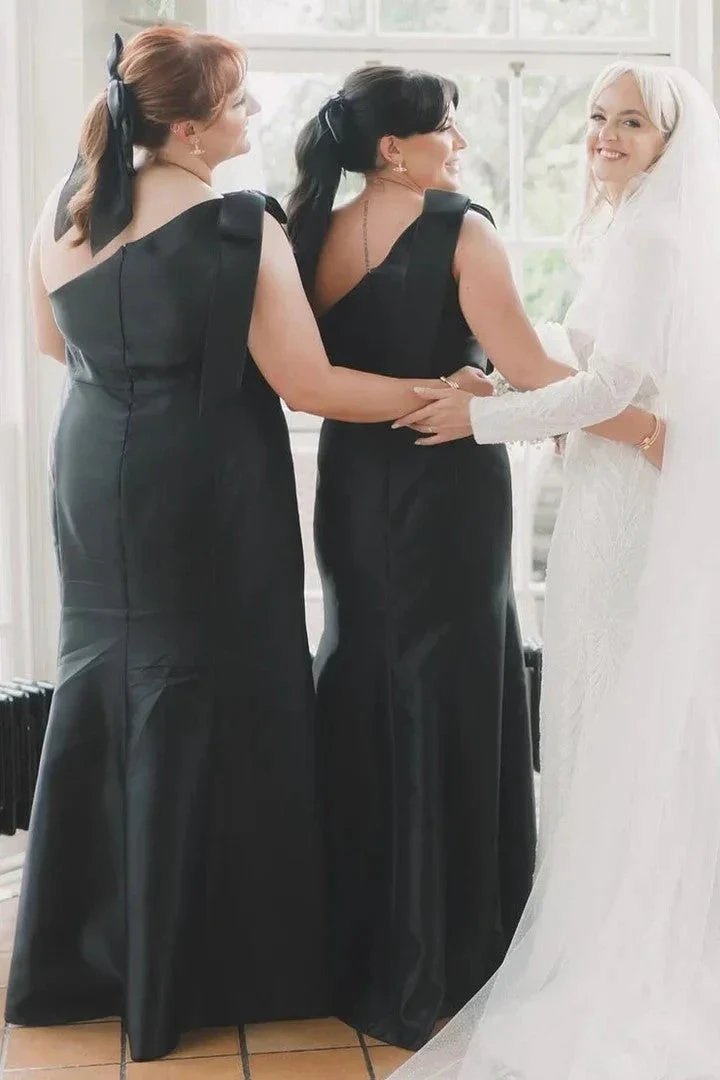 Mermaid One-Shoulder Bow Strap Black Bridesmaid Dress BD125 by pgmdress