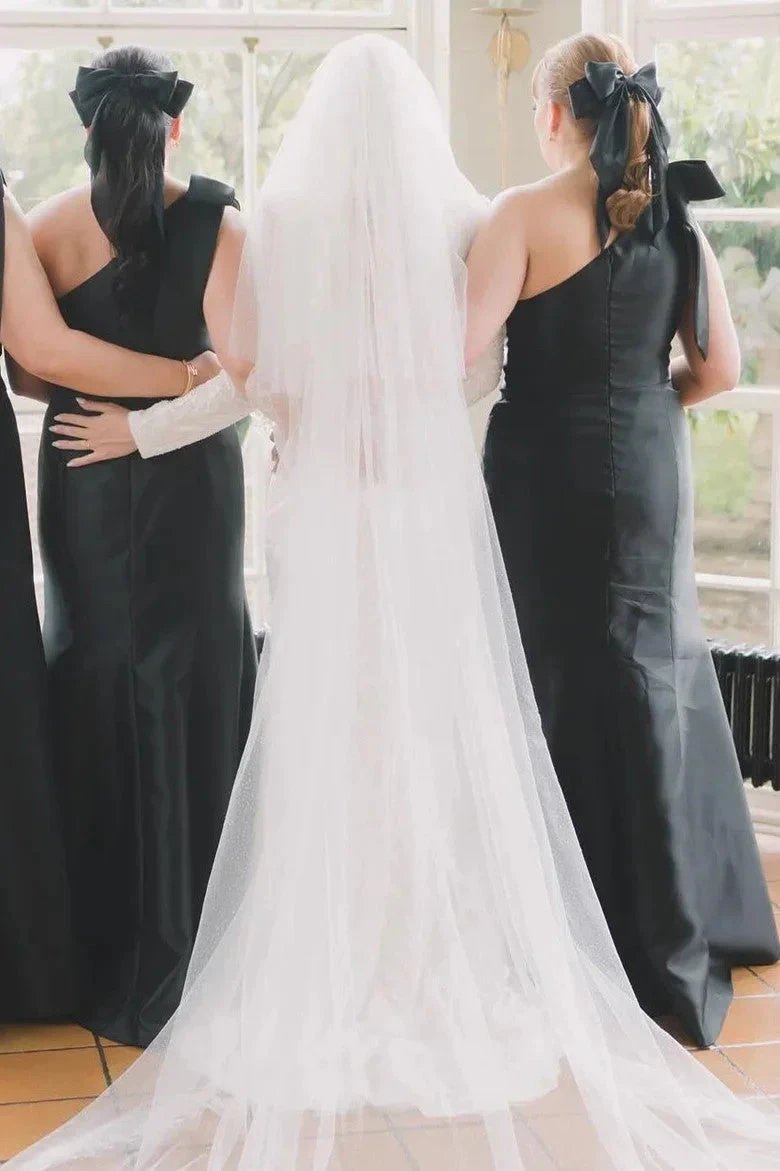 Mermaid One-Shoulder Bow Strap Black Bridesmaid Dress BD125 by pgmdress