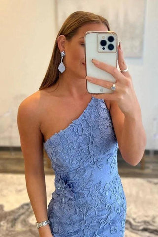 Vestido de noche largo de sirena con un solo hombro y encaje azul con abertura PSK412