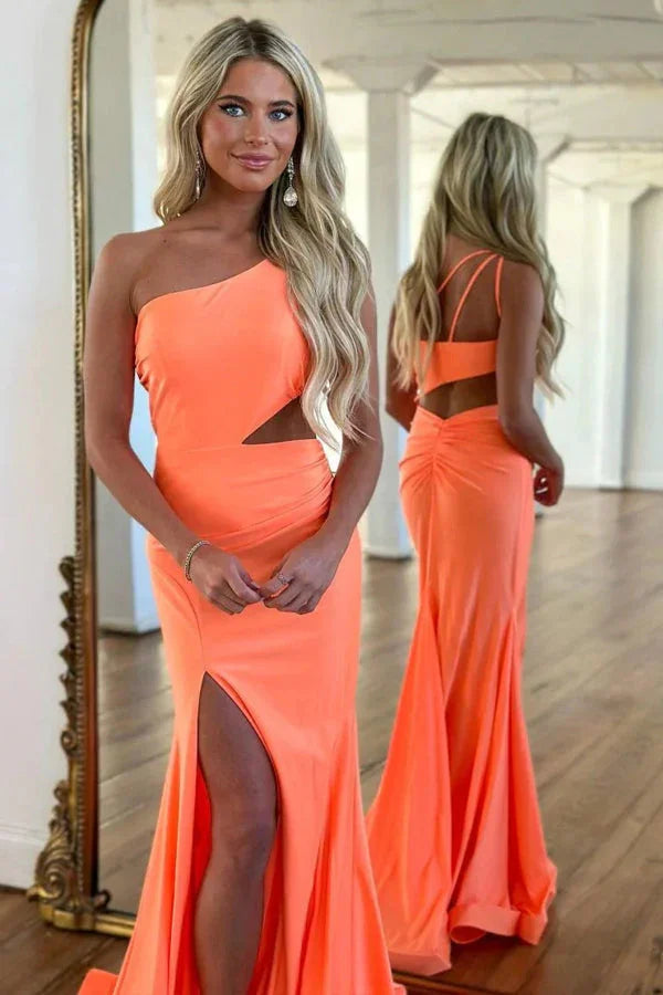 Meerjungfrau One-Shoulder Orange Ballkleid mit Schlitz PSK445