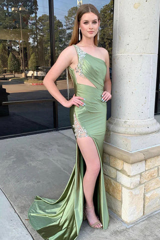 Vestido de fiesta de sirena de satén verde salvia con un solo hombro y abertura PSK602