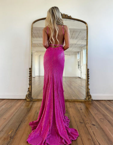 Miracle | Vestido de fiesta de sirena con escote en V y lentejuelas con abertura