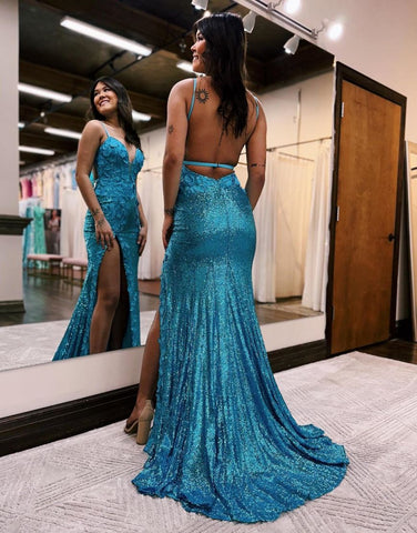 Miracle | Vestido de fiesta de sirena con escote en V y lentejuelas con abertura