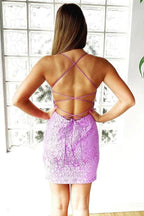 Mermaid Purple Bodycon Lace Up Short Lace Homecoming Dress PD473 by pgmdress