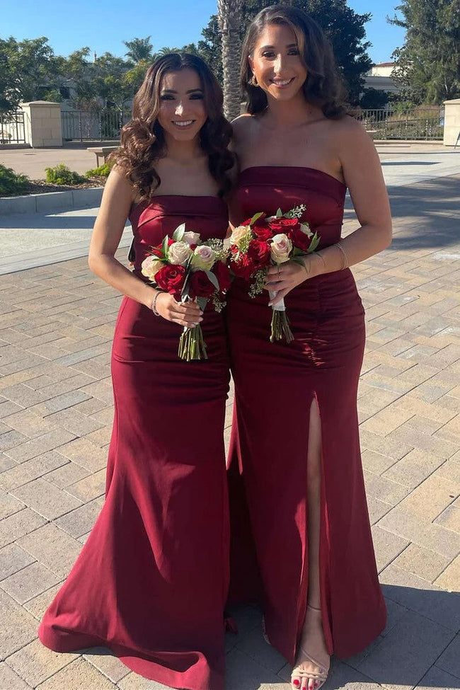 Mermaid Satin Strapless Burgundy Bridesmaid Dress with Slit BD126 Hover Image