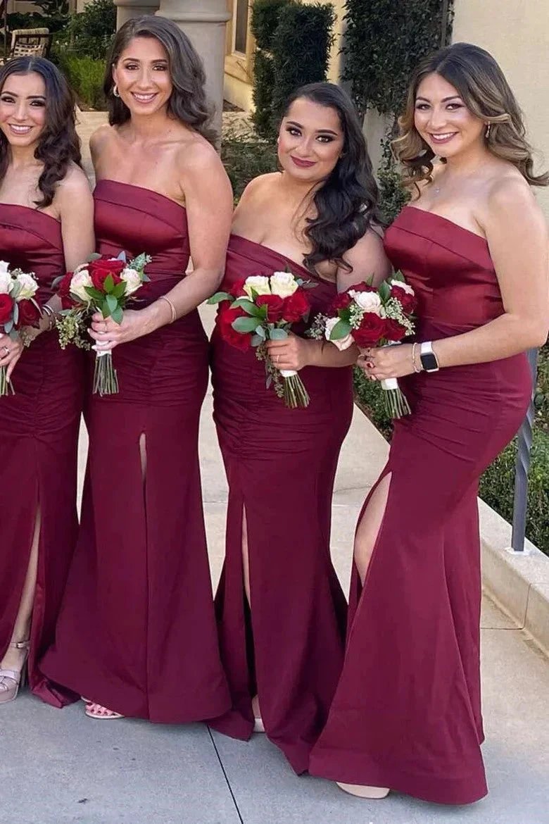 Mermaid Satin Strapless Burgundy Bridesmaid Dress with Slit BD126 by pgmdress