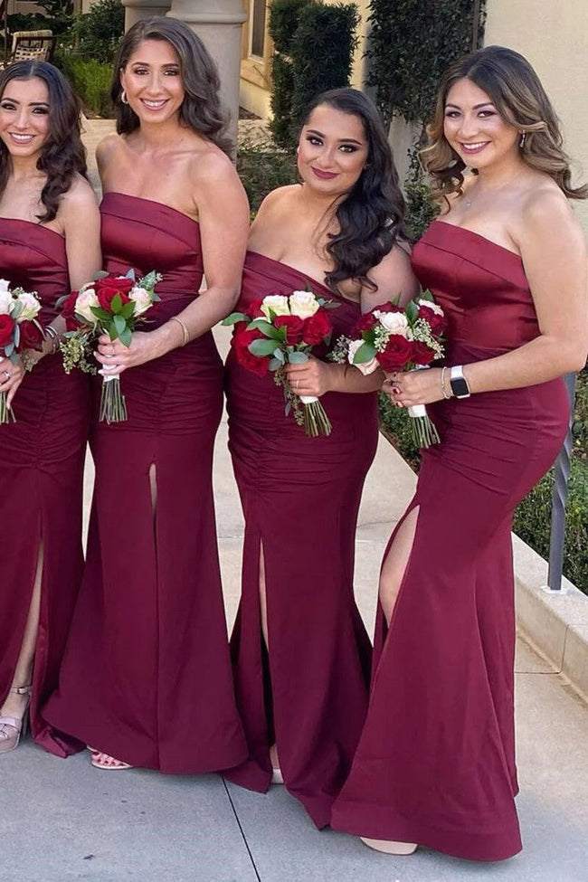 Mermaid Satin Strapless Burgundy Bridesmaid Dress with Slit BD126 Main Image