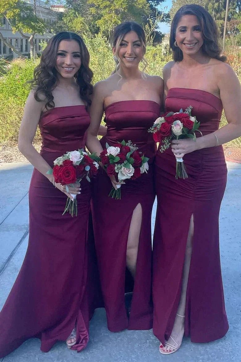 Mermaid Satin Strapless Burgundy Bridesmaid Dress with Slit BD126 by pgmdress