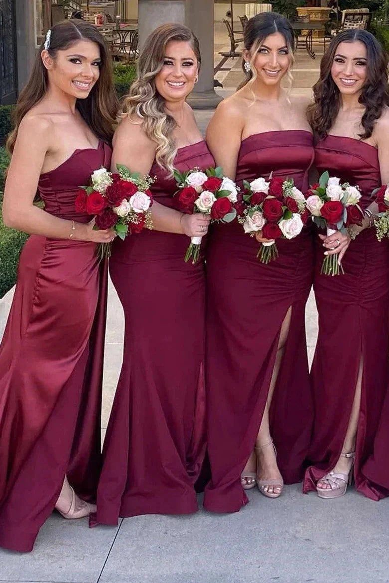 Mermaid Satin Strapless Burgundy Bridesmaid Dress with Slit BD126 by pgmdress