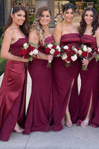 Mermaid Satin Strapless Burgundy Bridesmaid Dress with Slit BD126 by pgmdress
