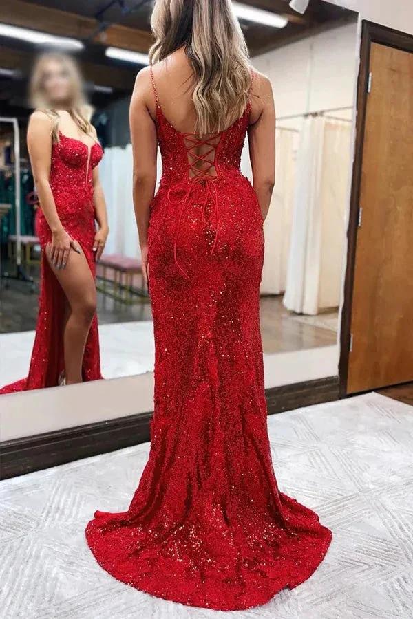 Mermaid Spaghetti Straps Appliques Red Prom Dress with Slit PSK556 by pgmdress