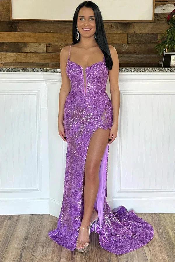 Mermaid Spaghetti Straps Appliques Red Prom Dress with Slit PSK556 by pgmdress