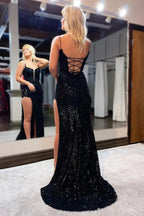 Robe de bal rouge à fentes avec bretelles spaghetti et appliques sirène PSK556