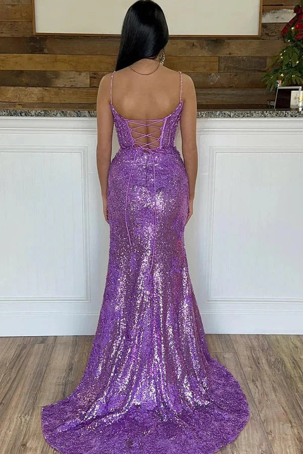 Robe de bal rouge à fentes avec bretelles spaghetti et appliques sirène PSK556